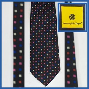 New! Ermenegildo Zegna Men's Silk Neck Tie Black Geometric Print Made In Italy